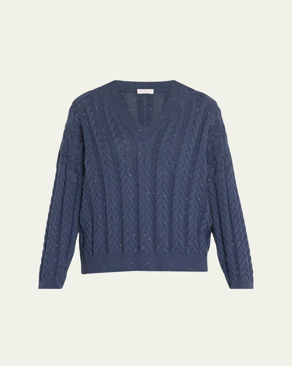 Cotton Double Cable-Knit V-Neck Sweater With Micro Pailettes